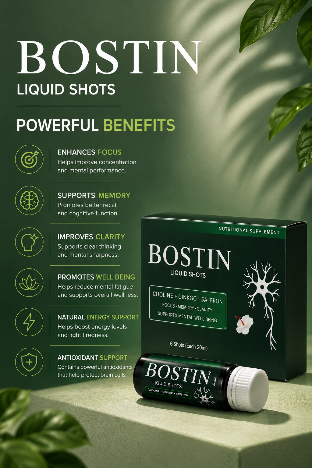 BOSTIN Liquid Shots – Brain & Memory Support Formula