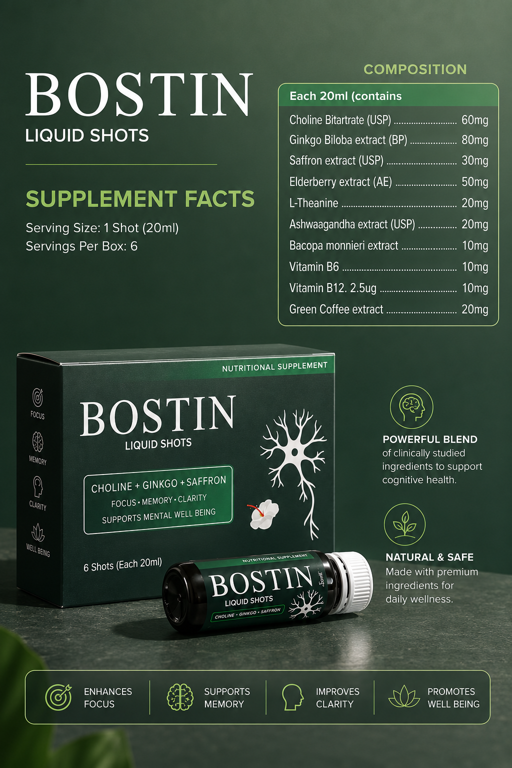 BOSTIN Liquid Shots – Brain & Memory Support Formula