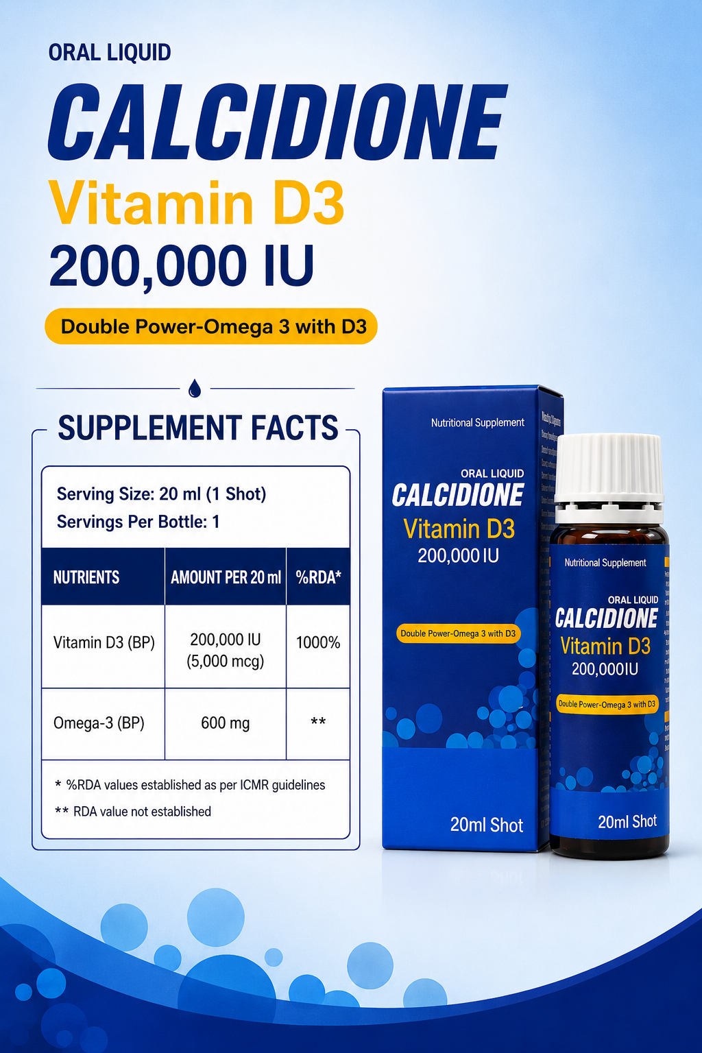 Calcidione - Vitamin D3 + Omega-3  SHOT to support bone strength, immunity Shot (PACK OF 3)