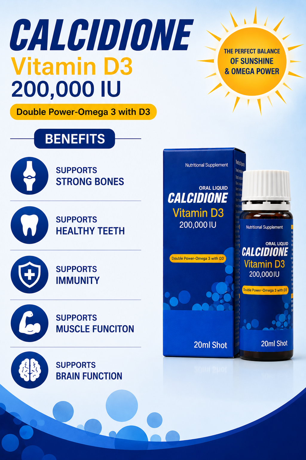 Calcidione - Vitamin D3 + Omega-3  SHOT to support bone strength, immunity Shot (PACK OF 3)