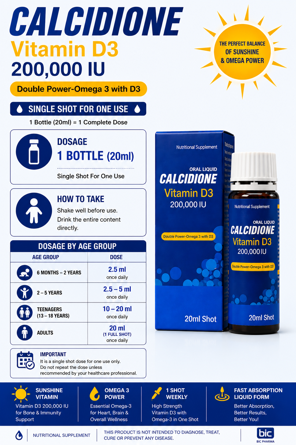 Calcidione - Vitamin D3 + Omega-3  SHOT to support bone strength, immunity Shot (PACK OF 3)