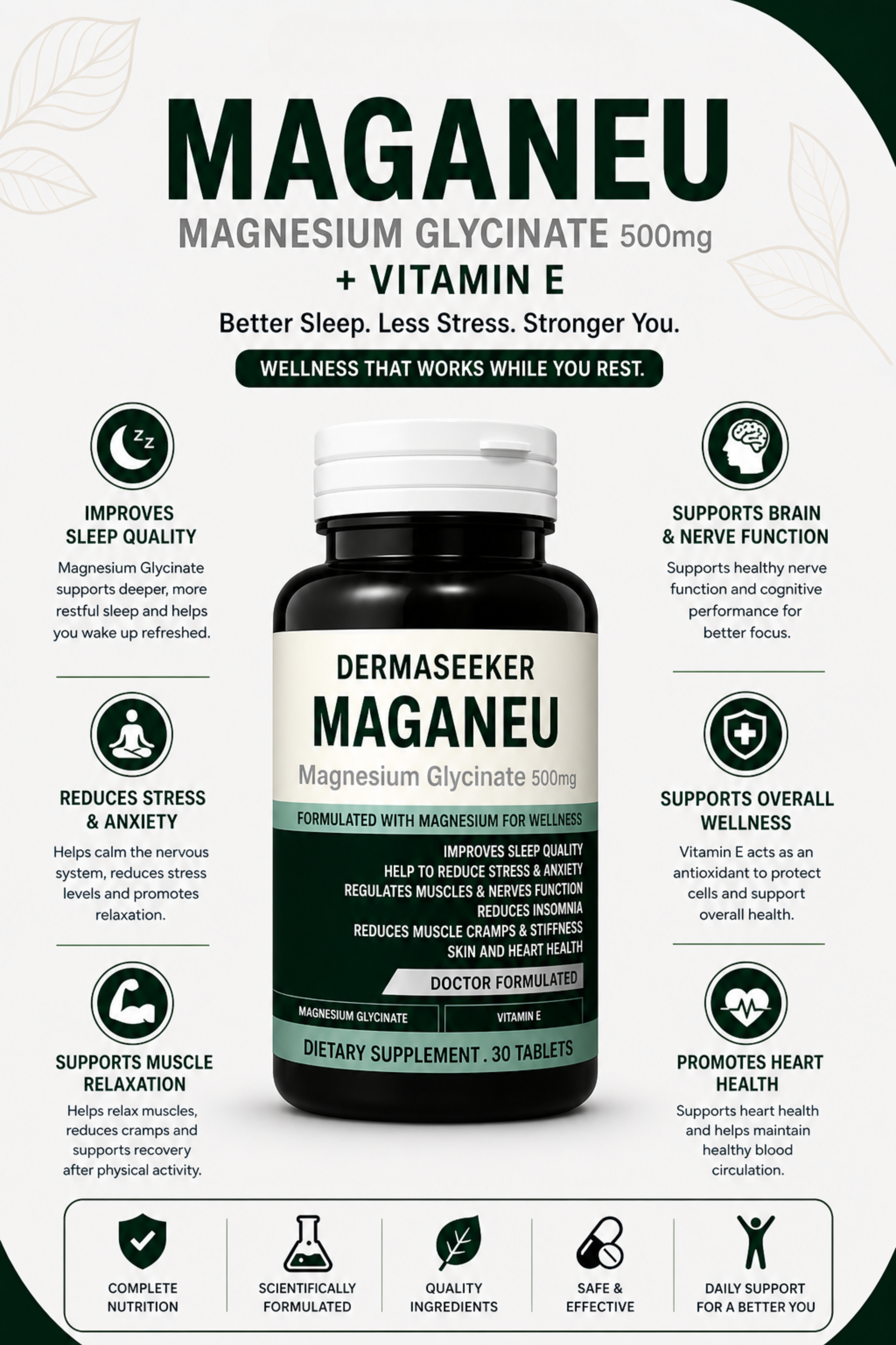 MAGANEU | Magnesium Glycinate + Vitamin E for Improve Sleep, Reduce Anxiety & Stress.