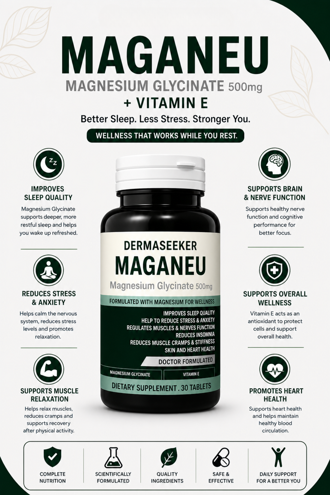 MAGANEU | Magnesium Glycinate + Vitamin E for Improve Sleep, Reduce Anxiety & Stress.