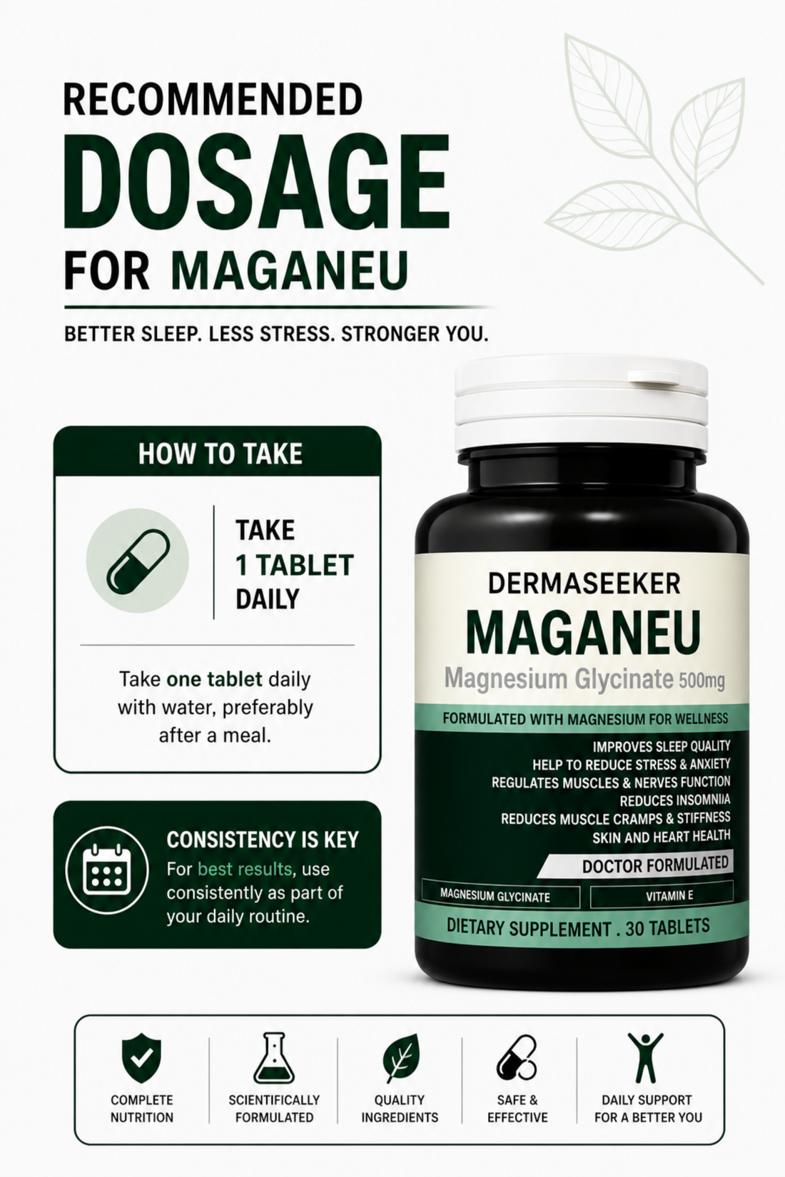 MAGANEU | Magnesium Glycinate + Vitamin E for Improve Sleep, Reduce Anxiety & Stress.