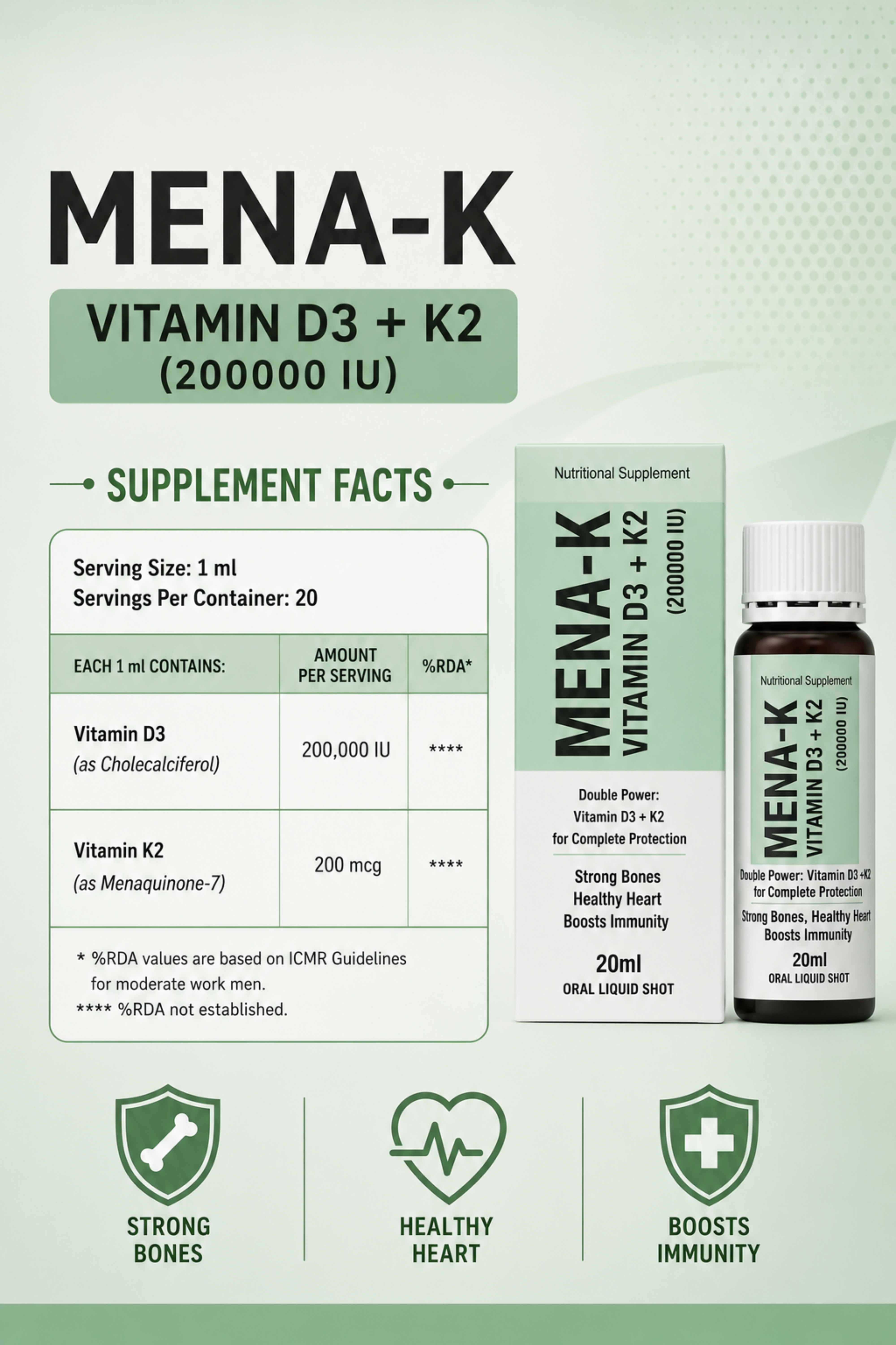 MENA-K   - VITAMIN D3 & K2 SHOT FOR HEART & BONES SUPPORT (PACK OF 3)